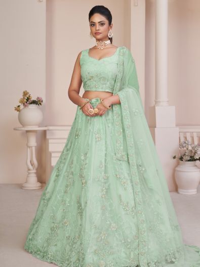 Marvelous Turquoise Embroidered Net Wedding Wear Lehenga Choli
