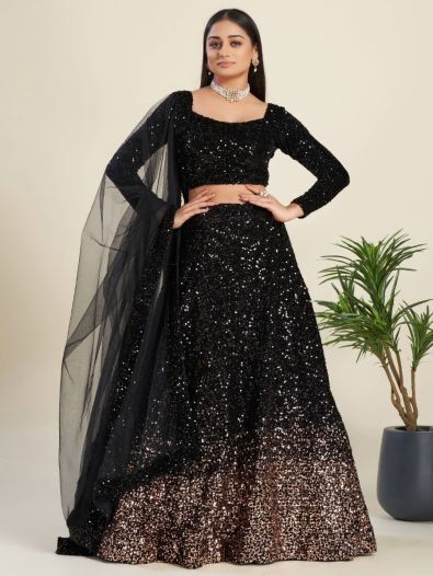 Amazing Black Sequins Velvet Party Wear Lehenga Choli With Dupatta 
