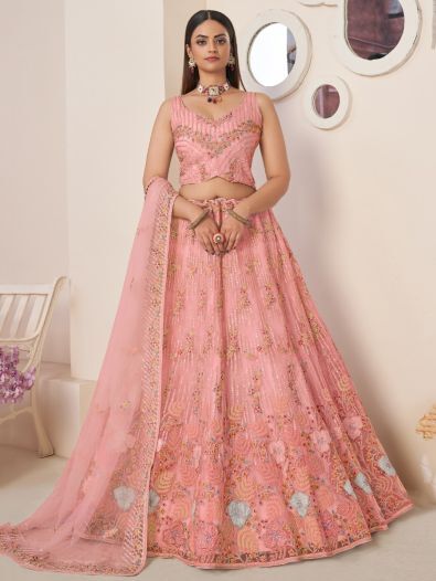 Astonishing Pink Zari Work Net Engagement Wear Lehenga Choli
