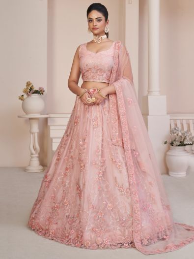 Splendid Pink Zari Work Net Bridesmaid Wear Lehenga Choli With Dupatta