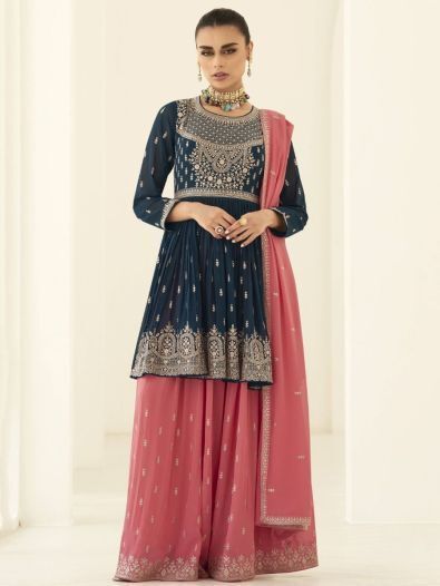 Gorgeous Blue Embroidered Georgette Reception Wear Palazzo Suit