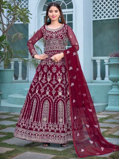 Lovely Maroon Embroidered Butterfly Net Engagement Wear Gown