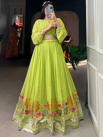 Fancified Green Embroidered Georgette Wedding Wear Crop Top Lehenga
