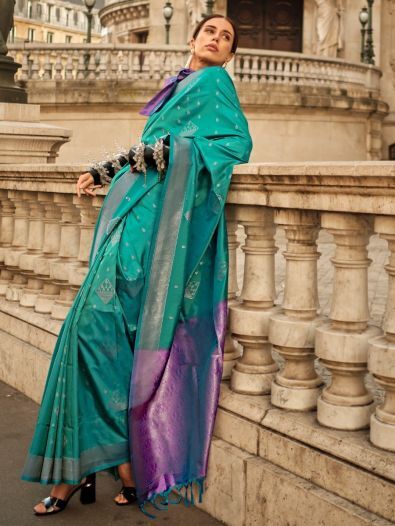 Enchanting Turquoise Silk Zari Weaving Wedding Wear Saree With Blouse