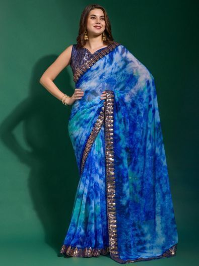 Dazzling Blue Digital Printed Chiffon Classic Saree With Blouse 
