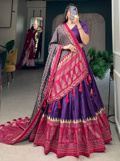 Lovely Purple & Pink Foil Print Silk Function Wear Lehenga Choli