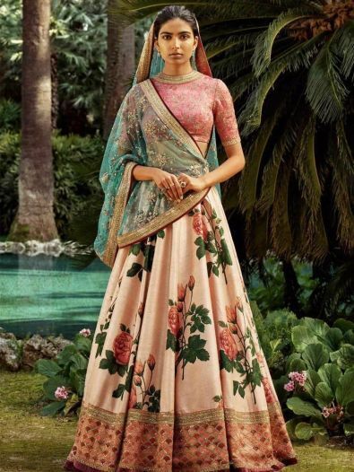 Rose Florals Printed Designer Lehengas with Embroidered Blouse