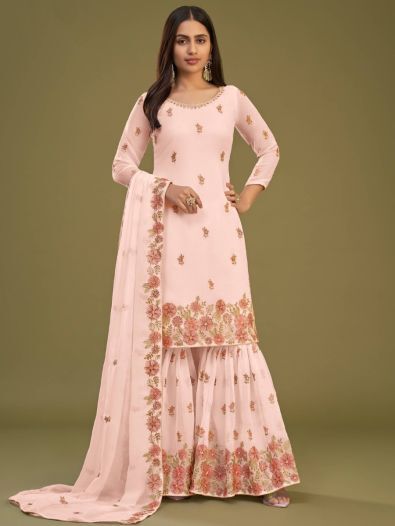 Spectacular Peach Embroidered Georgette Festive Wear Sharara Suits