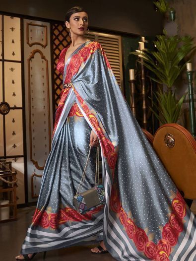 Captivating Grey Printed Satin Event Wear Saree With Blouse
