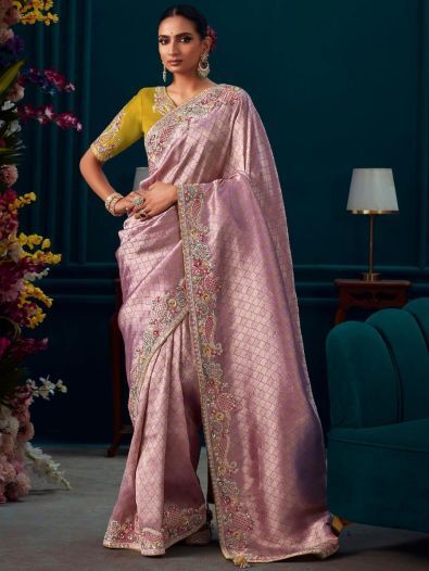 Fabulous Lavender Embroidered Kanjivaram Silk Party Wear Saree