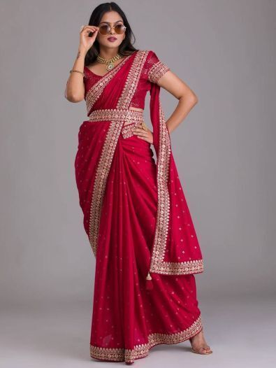 Stunning Red Sequins Chinon Wedding Wear Saree With Blouse