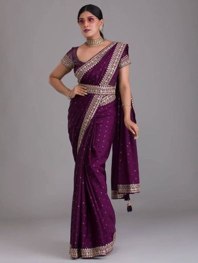 Gorgeous Purple Sequins Chinon Reception Wear Saree With Blouse