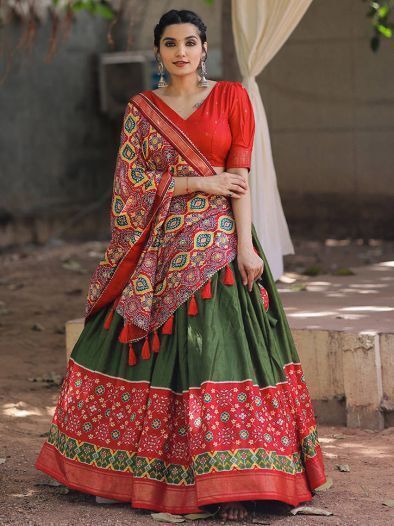 Classic Green Red Patola Printed Navratri Wear Chaniya Choli