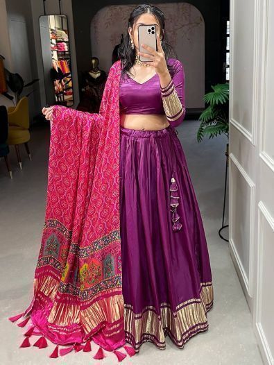 Beautiful Purple Gaji Silk Trendy Lehenga Choli With Bandhani Dupatta