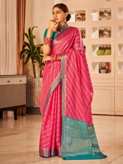 Fascinating Pink Zari Woven Banarasi Silk Reception Wear Saree With Blouse