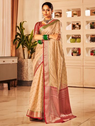 Magnificent Beige Zari Woven Banarasi Silk Wedding Wear Saree