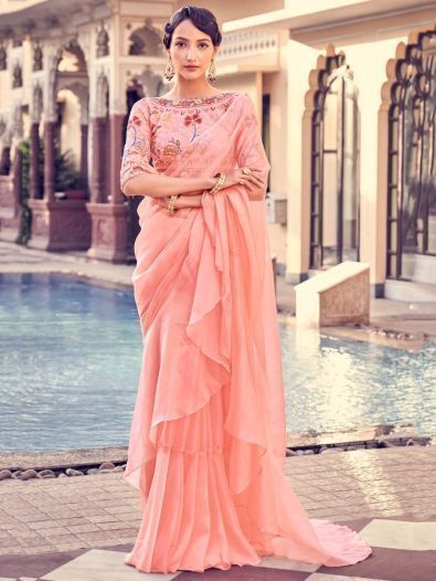Shaded Organza Saree with Banarasi Bandhani Blouse - Peach to Maroon –  Naina Jain