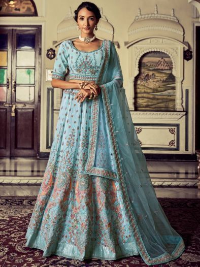 Alluring Turquoise Embroidered Georgette Wedding Lehenga Choli