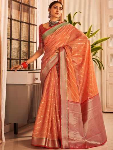 Spectacular Orange Zari Woven Banarasi Silk Reception Wear Saree