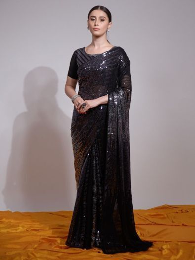 Captivating Black Sequins Georgette Party Wear Saree With Blouse 