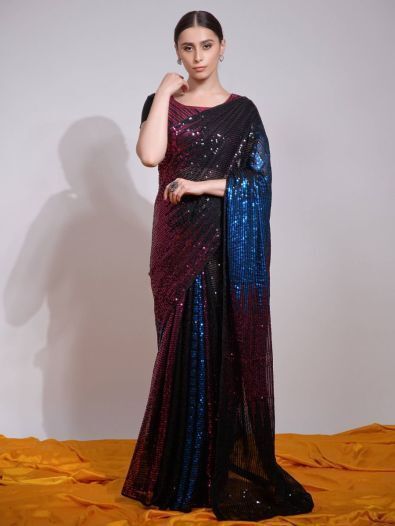 Mesmerizing Black Sequins Georgette Reception Wear Saree With Blouse 