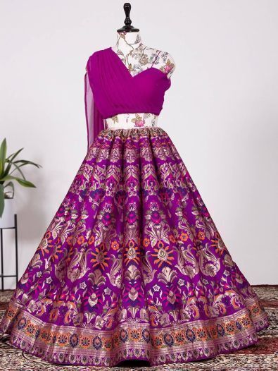 Attractive Purple Banarasi Silk Indo-Western Crop Top Lehenga