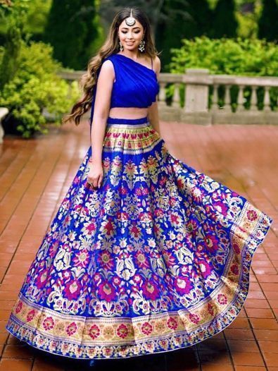 Beautiful Blue Zari Weaving Banarasi Silk Party Wear Crop Top Lehenga