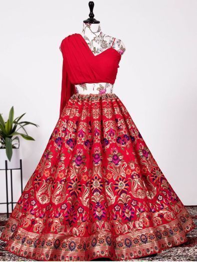 Gorgeous Red Woven Banarasi Silk Indo-Western Crop Top Lehenga
