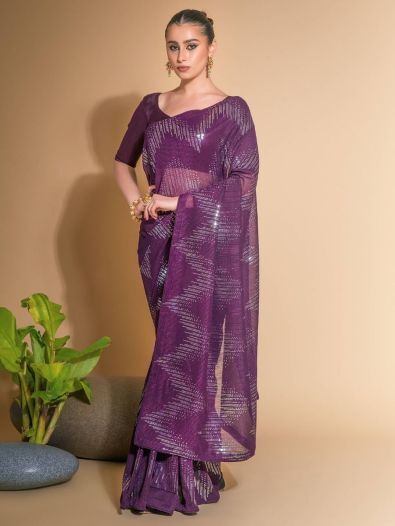 Precious Purple Sequins Georgette Party Wear Saree With Blouse
