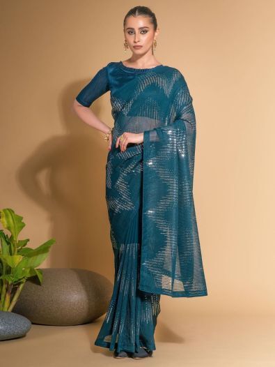 Adorable Teal Blue Sequins Georgette Reception Wear Saree With Blouse