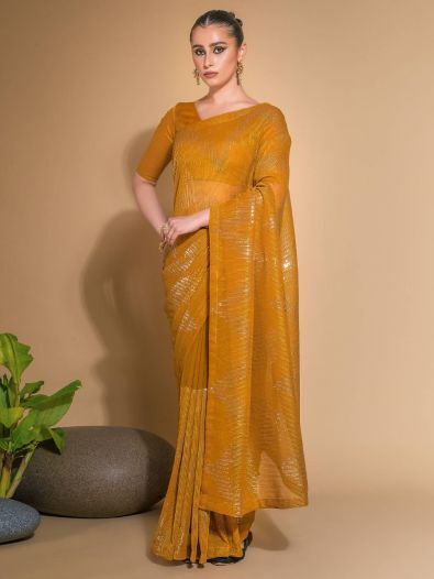 Captivating Yellow Sequins Georgette Reception Wear Saree With Blouse