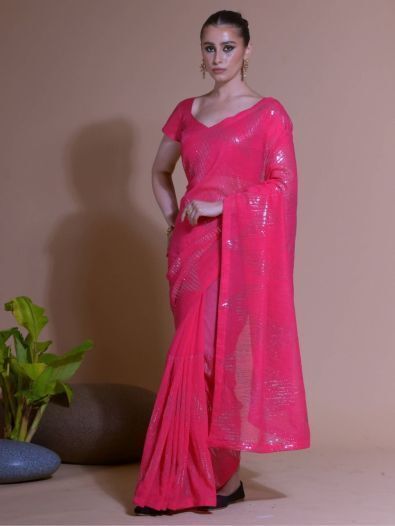 Beautiful Pink Sequins Georgette Reception Wear Saree With Blouse