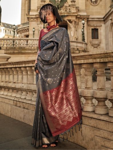 Stunning Black Silk Zari Weaving Designer Saree With Blouse