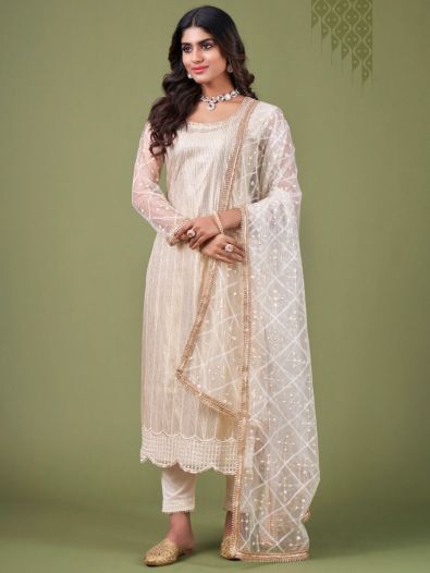 Alluring White And Cream Sequins Embroidered Net Salwar Suit