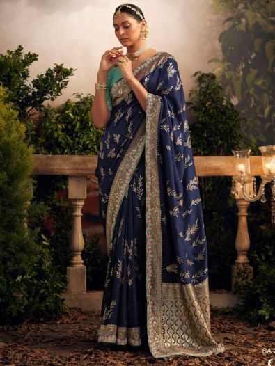 Wonderful Navy Blue Zari Woven Silk Wedding Wear Saree With Blouse