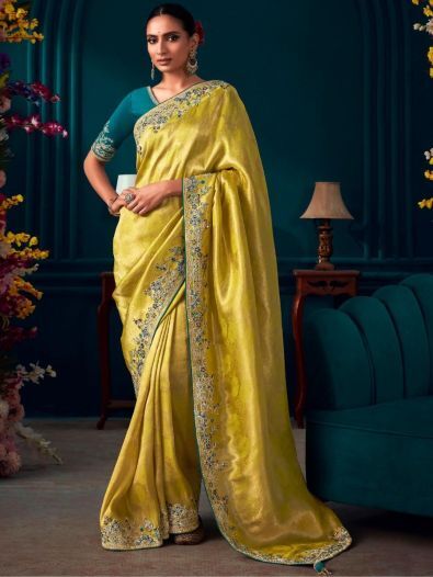 Beautiful Yellow Embroidered Kanjivaram Silk Wedding Wear Saree