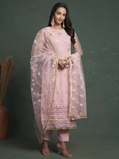 Stunning Light Pink Sequins Butterfly Net Salwar Kameez With Dupatta