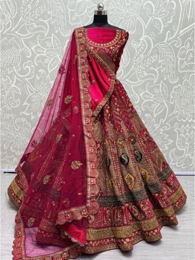 Wonderful Rani Pink Embroidered Velvet Bridal Wear Lehenga Choli