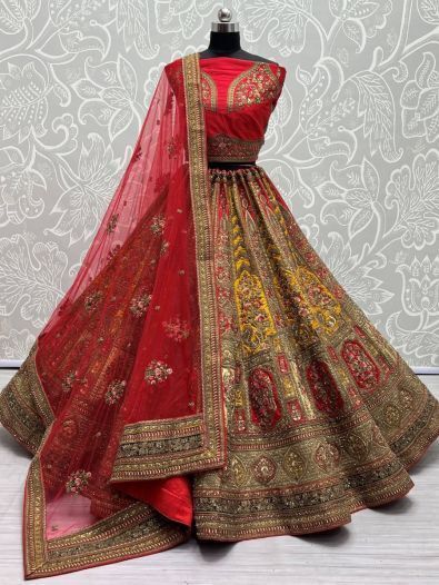 Beautiful Yellow & Red Thread Work Velvet Bridal Wear Lehenga Choli