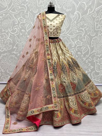 Wonderful Beige Embroidered Velvet Bridal Wear Lehenga Choli