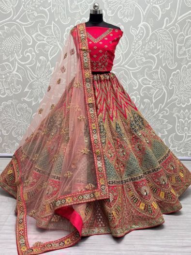 Awesome Pink Thread Work Velvet Bridal Wear Lehenga Choli