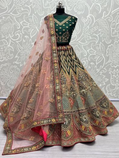 Fabulous Green Multi Thread Work Velvet Bridal Wear Lehenga Choli