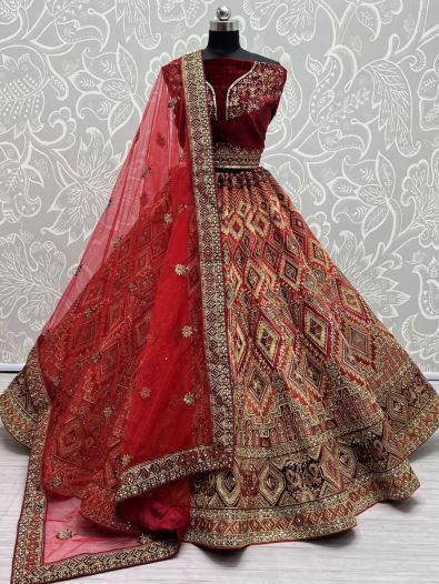 Pretty Red Dori Work Silk Bridal Lehenga Choli With Soft Net Dupatta