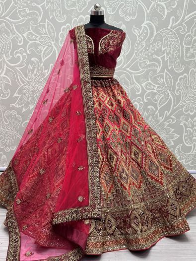 Precious Pink Thread Work Silk Bridal Wear Lehenga Choli With Dupatta 