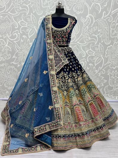 Glamorous Blue Dori Work Velvet Bridal Wear Lehenga Choli With Dupatta