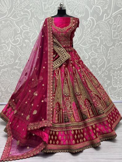 Awesome Pink Fancy Thread Work Velvet Bridal Wear Lehenga Choli