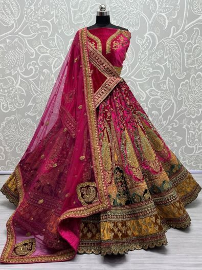 Cute Rani Pink Velvet Bridal Lehenga Choli With Double Dupatta 