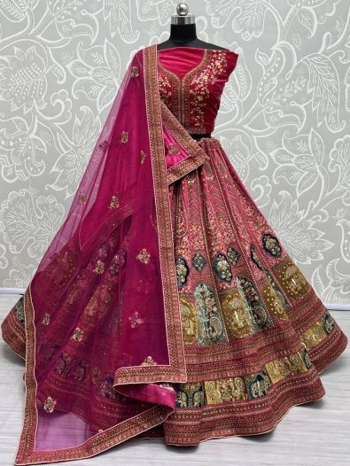Beautiful Rani Pink Embroidered Velvet Lehenga Choli With Double Dupatta