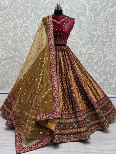 Charming Yellow Multi-Thread Work Velvet Bridal Lehenga Choli