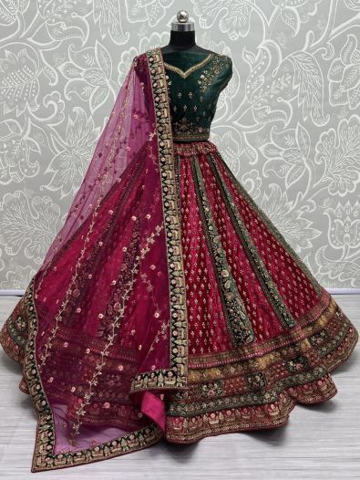 Enticing Pink & Green Embroidered Velvet Bridal Lehenga Choli
